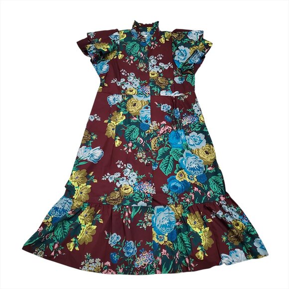 Tuckernuck Alice Midi Dress XL Merlot Oxblood Verdant Floral Print Cotton - Picture 4 of 15